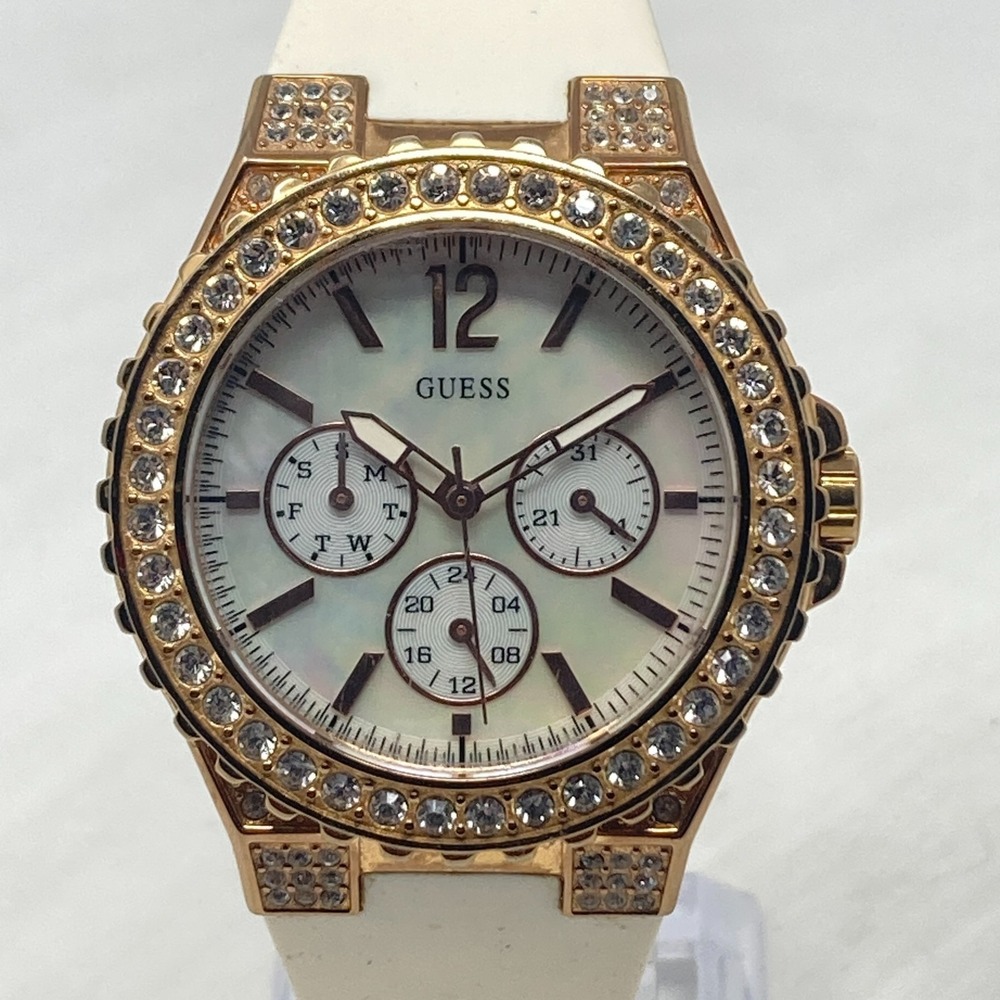 Guess Waterpro Watch Women 39mm Rose Gold Tone Day Date MOP Bling New Battery